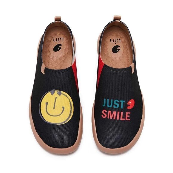 UIN Men\'s Slip On Fashion Sneakers Casual Comfort Soft Shoes (Smiley- Black)